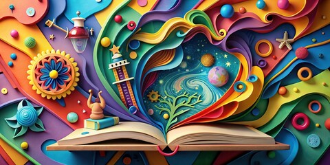 Colorful school supplies swirling out of an open book against a vibrant science-themed background, surrounded by intricate paper cutouts in a layered craft art style design.