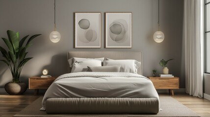 Wall Mural - Bedroom interior with framed abstract art