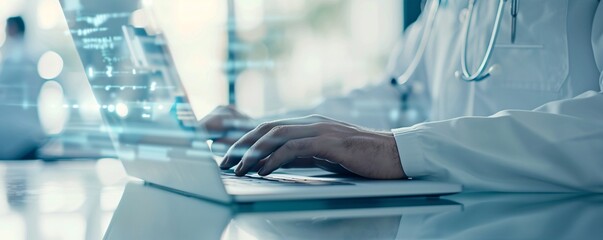 Poster - A doctor using a laptop for a virtual consultation, captured in a documentary photography style, showing the everyday life of medical professionals, realistic and raw