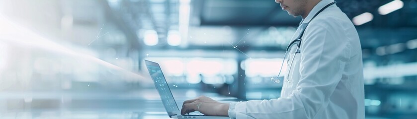 Poster - An editorial-style image of a doctor providing virtual consultation on a laptop, professional and composed, emphasizing the interaction, well-lit environment, modern technology