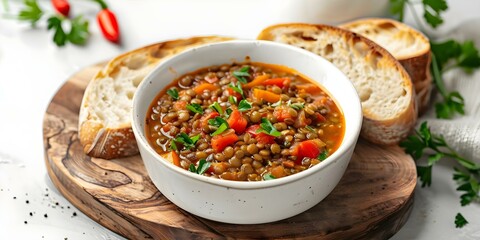 Wall Mural - Savory lentil soup with red pepper accompanied by fresh bread on a wooden board. Concept Food Photography, Veggie Delight, Savory Eats, Fresh Ingredients, Cozy Atmosphere