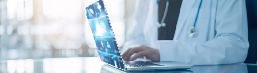 A candid shot of a doctor in the middle of a virtual consultation on a laptop, documentary photography style, showing the realities of telemedicine, unposed and natural