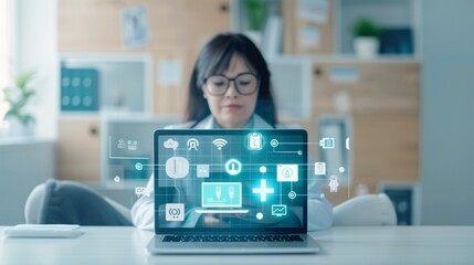 Poster - a magazine-style photograph of a doctor performing a virtual consultation on a laptop, glamorous and