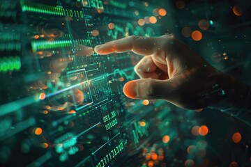 Hand touching a high-tech display with stock market charts and binary code, symbolizing digital trading and data processing.