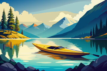 Wall Mural - Vector illustration of a yellow kayak floating on the water. Nature landscape  illustration 