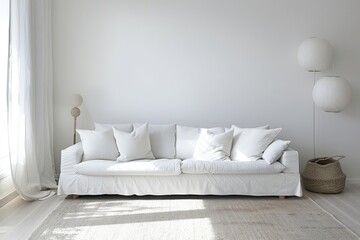 Bright minimal white living room with a white couch and minimalistic decor elements, creating a serene atmosphere.