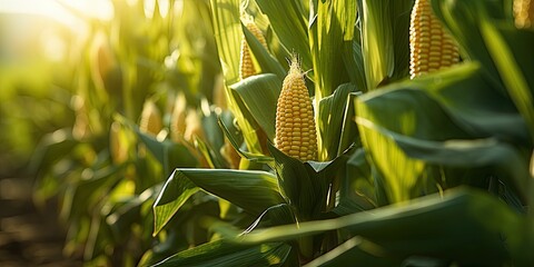 A row of large ripe corn in the field. Close-up.