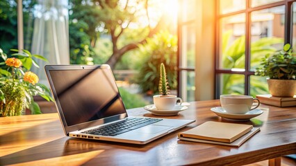 Cozy home office setup with laptop computer, notebook, and coffee cup on a wooden desk against a blurred background with natural light filtering in.