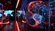 Digital screen with an interactive 3D globe, hands zooming in on a specific continent, emphasizing the importance of global connectivity and technology.