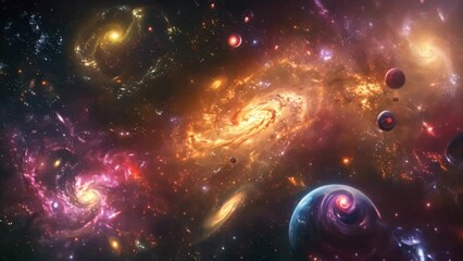 Poster - This vibrant depiction of a cosmic landscape with two spiral galaxies, planets, and scattered stars.