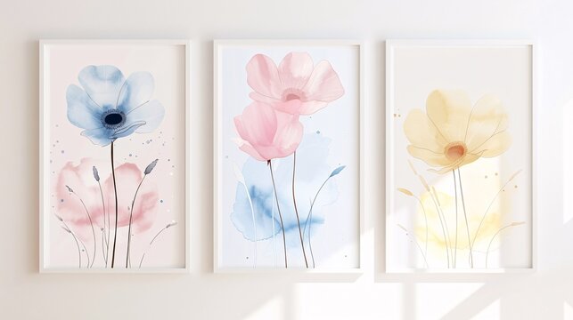 Three sleek abstract art posters in a minimalistic style, displayed together on a white wall. The designs include delicate watercolor flower illustrations in soft hues of blush pink, sky blue, and