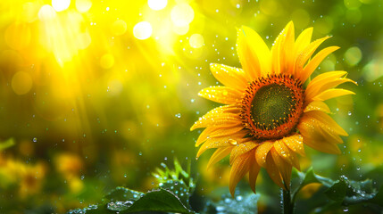 Wall Mural - Sunflower in Sunlight with Dew Drops. A vibrant sunflower basking in bright sunlight with dew drops glistening on its petals. Symbol of nature and freshness.