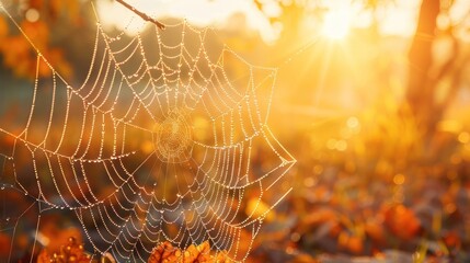 A spider web is in the foreground of a field of autumn leaves