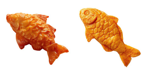 Two intricate orange fish-shaped pastries or moulds, crafted with delicate detail, isolated on white. Perfect for culinary or artistic themes. transparent background