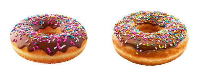 Two delicious chocolate glazed donuts topped with colorful sprinkles, isolated on a white background, perfect for dessert or bakery presentations. transparent background