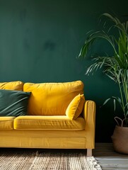 Wall Mural - Luxury yellow couch against dark green wall with plants, vintage sofa in home interior. Concept of design, retro, modern living room and decor