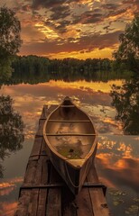 Wall Mural - Serene Sunset. Wooden Canoe Resting on Tranquil Lake at Golden Hour