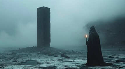 A cloaked figure holding a burning candle, standing before a towering black monolith in a desolate landscape