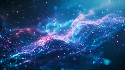 Poster - An abstract digital artwork featuring flowing blue and pink particles against a dark blue background, creating a sense of depth and movement.