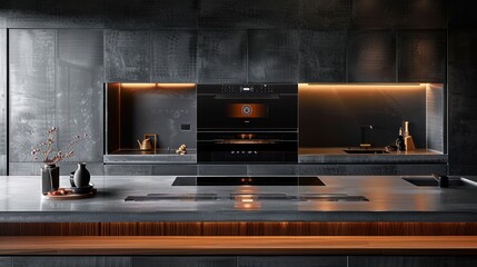 Sticker - A kitchen with a black granite countertop and wooden cabinets