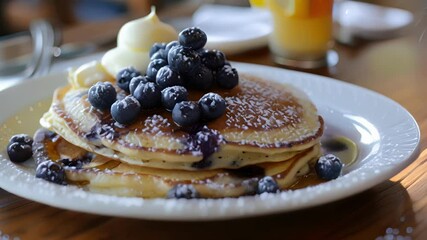 Canvas Print - A plate of thick fluffy pancakes is adorned with a generous helping of wild blueberries that burst with flavor in every bite.