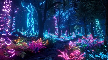 Sticker - Design a psychedelic forest path with glowing, bioluminescent plants and trees that morph into abstract shapes as you move through the scene.