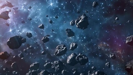 Poster - This field of asteroids drifts through a nebula in outer space. Space background