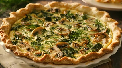 Poster - A vegetarian quiche filled with spinach mushrooms and herbs like dill and thyme.