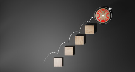 Wall Mural - woods block step on table with icon action plan, goal and target, success and business target concep