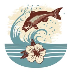 Wall Mural - minimalistic icon vector graphic of a and tilapia jumping out of the water with one hibiscus in the lower right hand corner or the rectangle, white background