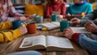© gundo850 - 20. A group of teachers participating in a book club meeting, discussing educational literature, with coffee mugs and books on the table, in a cozy and inviting setting
