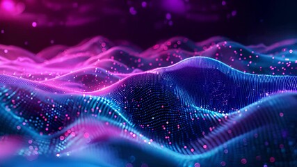 Poster - A digital abstract pattern featuring wavy lines and glowing pink and blue lights.