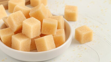 Pile of brown sugar cubes in a bowl on white table background.