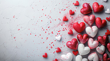 Poster - A wall covered in hearts in red and white. The hearts are scattered all over the wall, creating a festive and romantic atmosphere