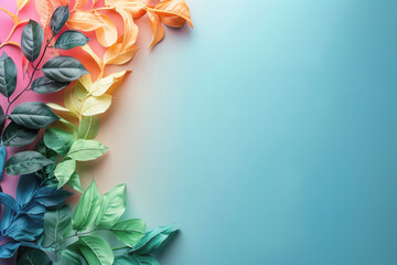Poster - A colorful leafy border with a blue background. The leaves are in various colors, including green, yellow, and orange. The border creates a sense of movement and adds visual interest to the image
