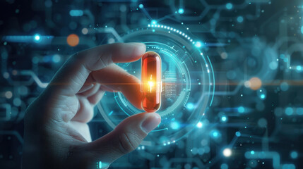 Poster - A hand holding a red pill in front of a blue background. The pill is glowing and surrounded by a glowing blue circle. Concept of technology and futuristic elements