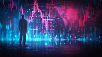 Poster - A man stands in front of a colorful, abstract background. The man is looking at something in the distance, but it is unclear what he is looking at. The background is filled with bright colors