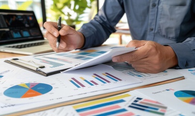 Poster - A man is working on a project with a lot of data and graphs. He is using a pen to write on a piece of paper