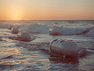 Poster - Wave power generators in a serene African beach, waves gently moving the floats, sunset, no people, summer season, capturing the tranquility and efficiency of renewable energy 