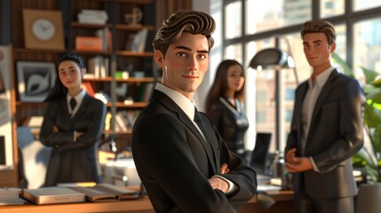 Wall Mural - 3d cartoon beautiful adult Caucasian 25 year old male with brown hair wearing a black suit jacket in a sleek modern office, another male and female in business attire, smiles and gratitude exchanged, 