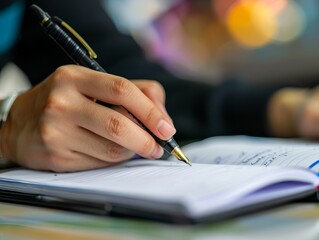 Poster - an employee is writing down the notebook with a pen 