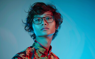 Wall Mural - A young adult with short, dark curly hair and glasses poses in front of a blue background wearing a red brocade shirt with gold accents