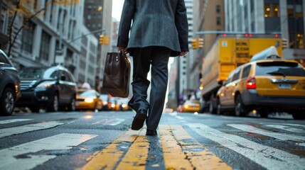 Wall Mural - a photo of a businessman crossing a street while walking to work 