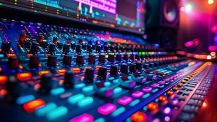 Poster - This Closeup of a soundboard in a music studio. Podcast and streaming concept