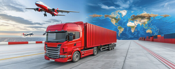 Poster - A red semi truck is driving on a runway next to an airplane. Concept of transportation and movement, as well as the idea of global connectivity and trade
