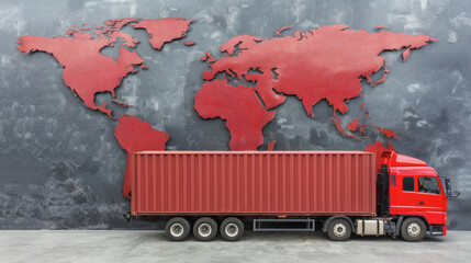 Poster - A red truck is parked in front of a large red globe. The globe is surrounded by red glitter, giving the scene a festive and celebratory mood