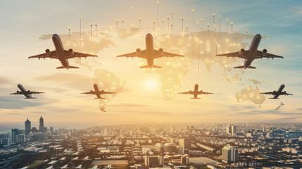 Poster - A group of airplanes flying over a city with a sunset in the background. Concept of freedom and adventure, as well as the idea of travel and exploration