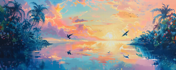 Wall Mural - Tropical lagoon at sunrise, with the first light of the day painting the sky in shades of pink and gold, and exotic birds taking flight