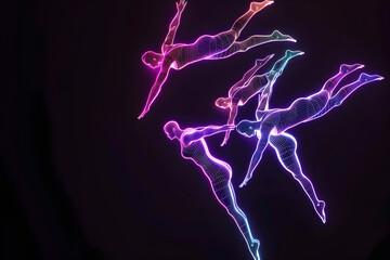 Wall Mural - Neon wireframe synchronized divers isolated on black background