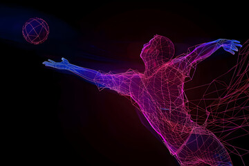 Wall Mural - Neon wireframe of a handball being thrown in a match isotated on black background.